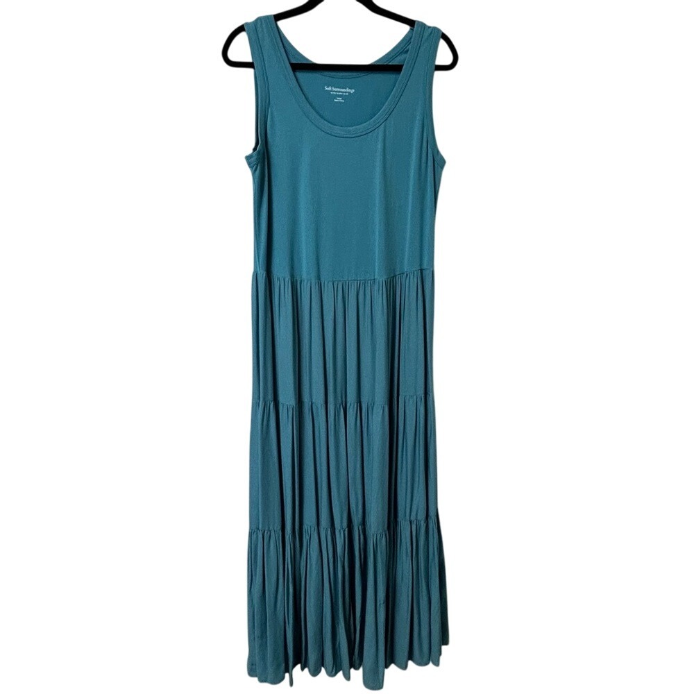 Soft Surroundings Tiered Maxi Tank Dress Teal Blue Size Large‎ *Flaw